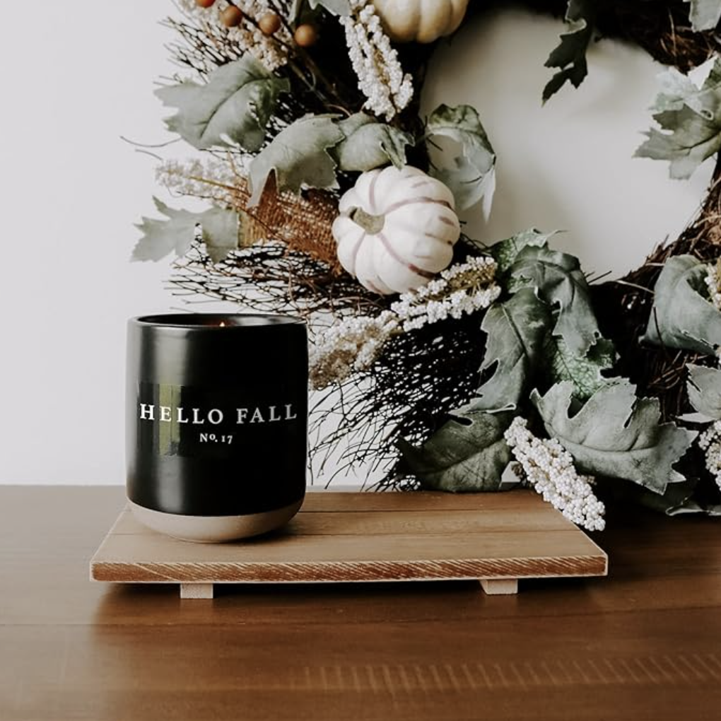 Sweet Water Decor Hello Fall Soy Candle No. 17, Hot Cider, Cinnamon, Cloves, Apple, and Nutmeg Fall Scented Candles for Home, 12oz Black Stoneware Jar, 60+ Hour Burn Time, Made in The USA